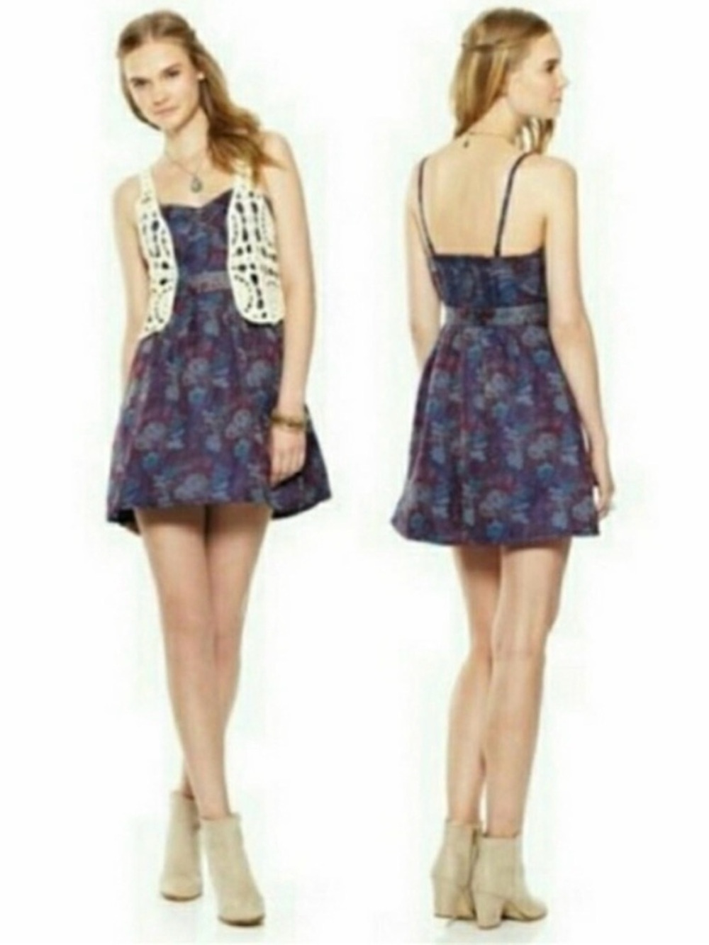 Free People Floral Navy Blue Sundress with Spaghetti Straps